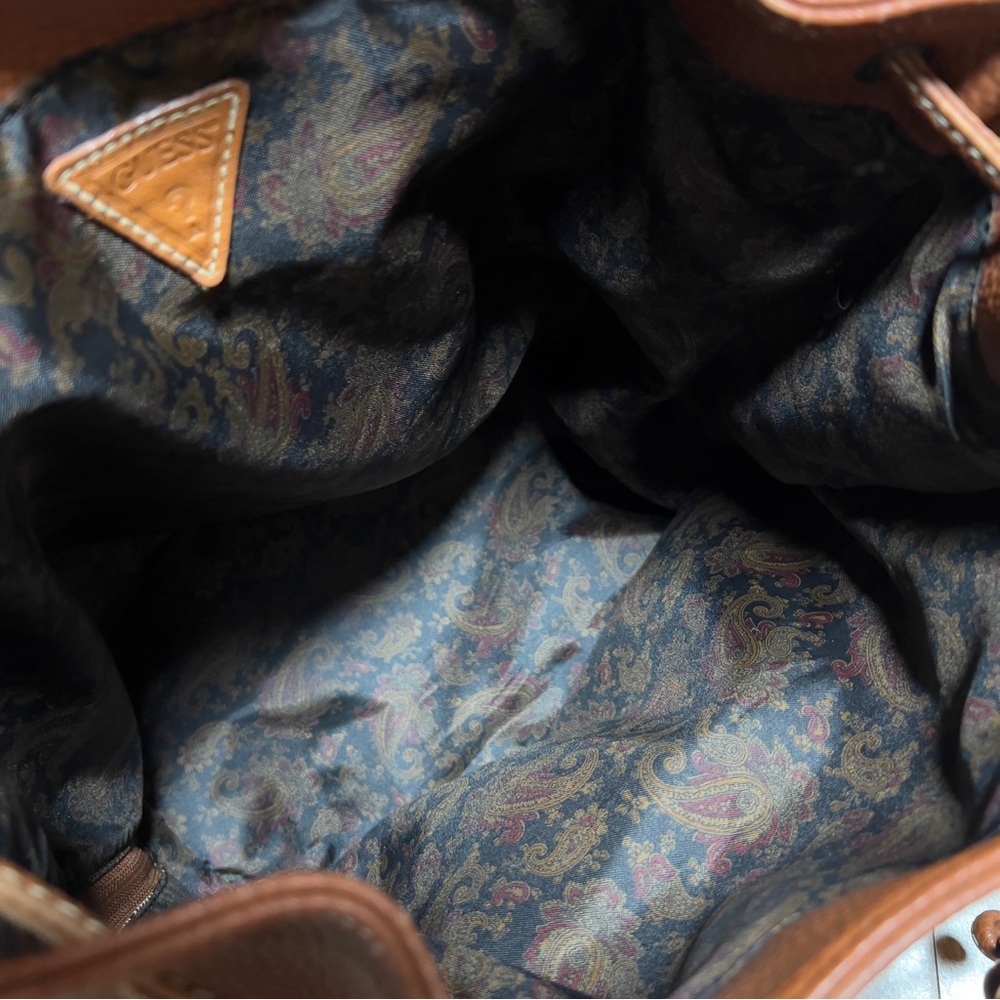 Guess Vintage Brown Leather Drawstring dual Pocket magnetic Closure Backpack Bag - Picture 10 of 15